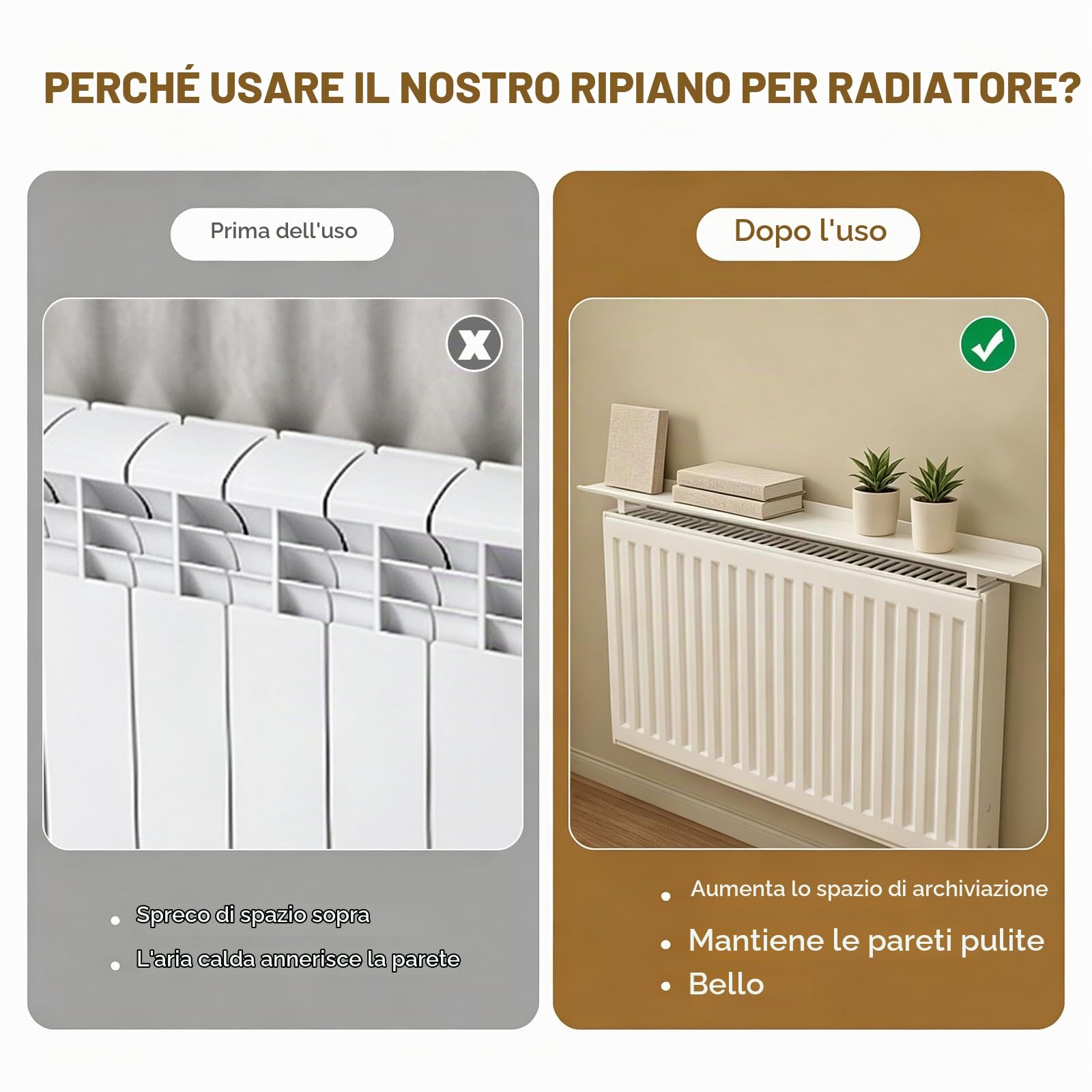 Mensola Termosifone Rimovibile Mensola sopra Termosifone in Alluminio con Supporto in Metallo Mensola per Radiatore Senza Foratura Mensola Copritermosifone per Soggiorno Camera da Letto Corridoio