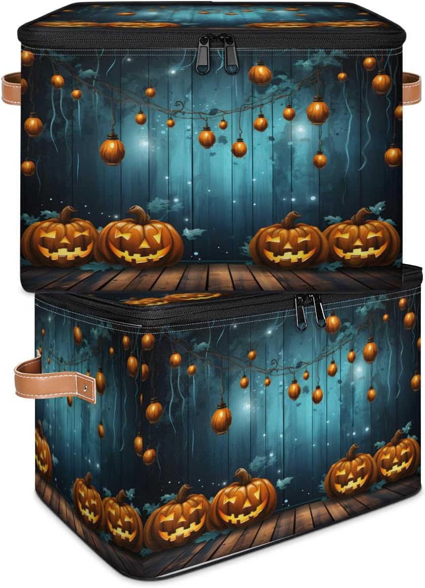 Storage Bin Set of 2 Wooden Pumpkin Light Storage Basket with Zipper Lid & Handle Foldable Closet Shelf 2 Pack Cloth Organizer Basket Cube Bins Clothes Organizer for Bedroom, Nursery