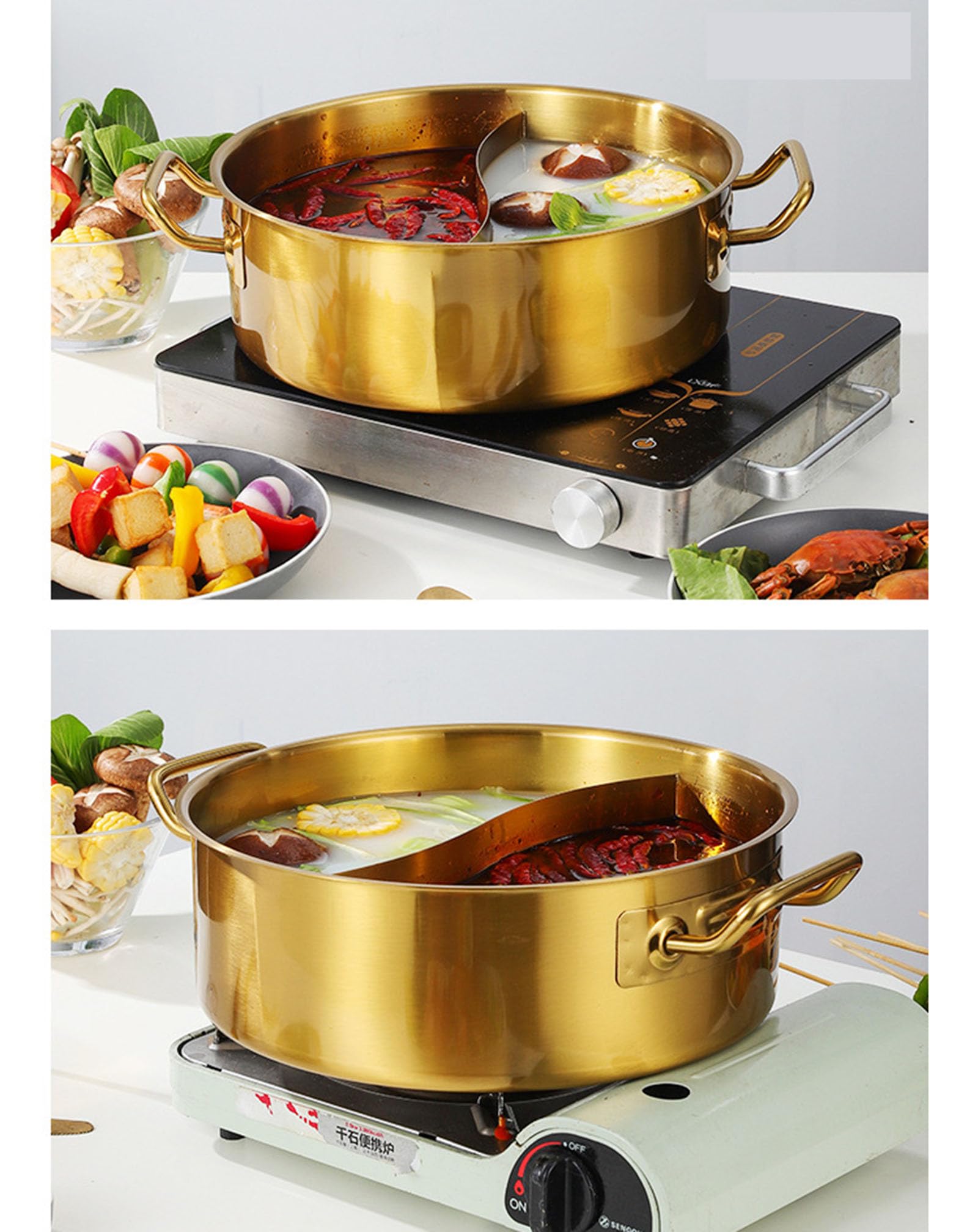 Kochtopf ShabuPot mit Trennwand und Deckel, Shabu-Topf aus Edelstahl 304, Suppenkellen für Induktionsherd, Gasofen, Cerankochfeld, Suppenkelle im Lieferumfang enthalten, transparen