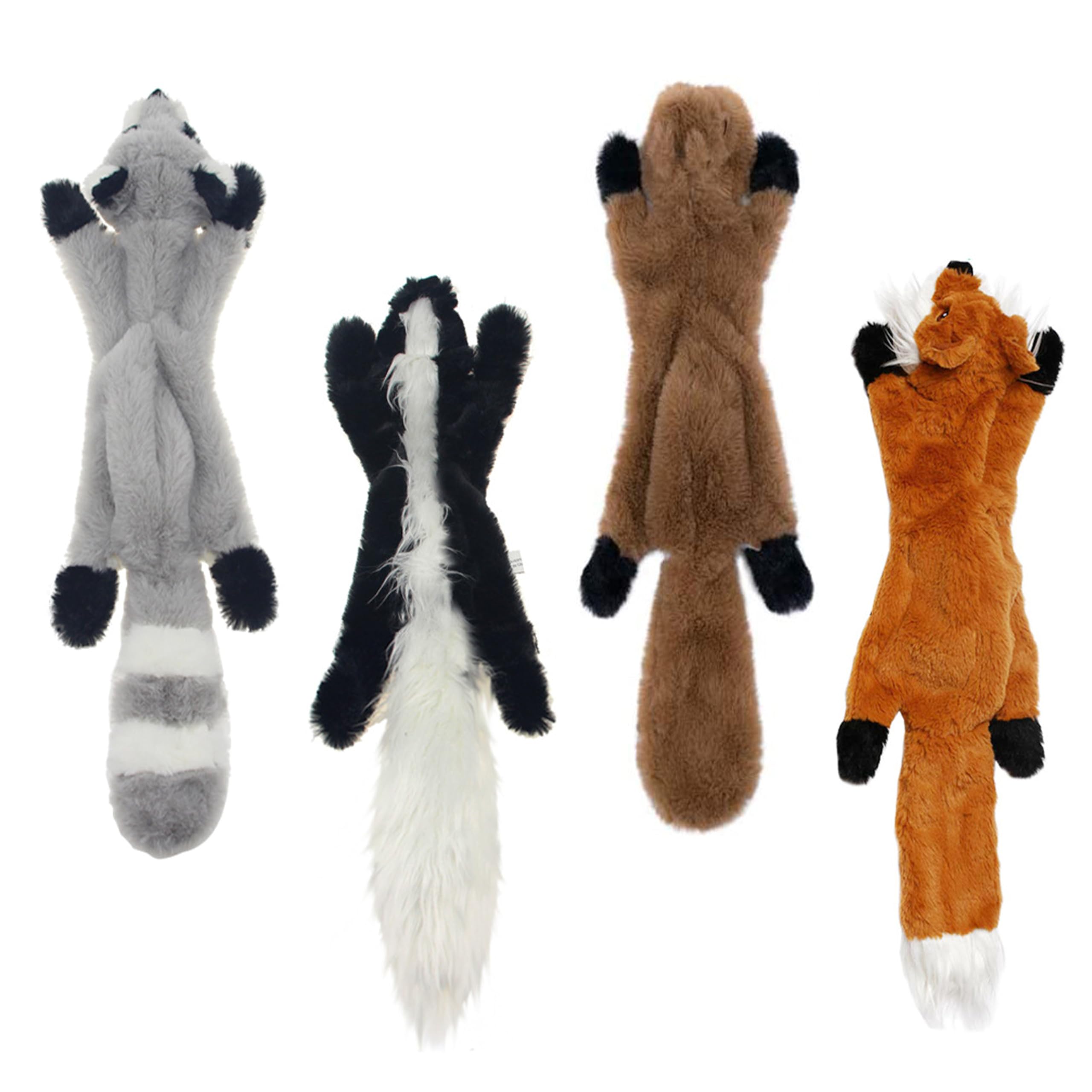 Potaroma Paquete de 4 juguetes chirriantes para perros sin relleno (mapache, ardilla, zorrilla, zorro), felpa realista de piel sintética, 2 chirriadores (cabeza y cola), 17.7 pulgadas de largo
