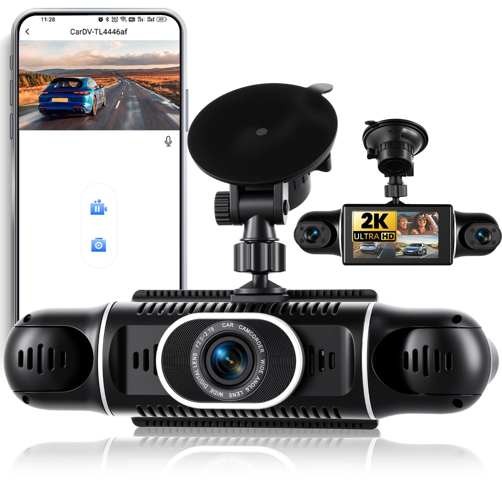 2K Dashcam Coche Delantero Trasero 4 Canales, 360 Grados Dashcam 3 Pulgadas con App, Visión Nocturna IR, Grabación en Bucle, G-Sensor, Ayuda al Aparcamiento, Modo de Aparcamiento 24H