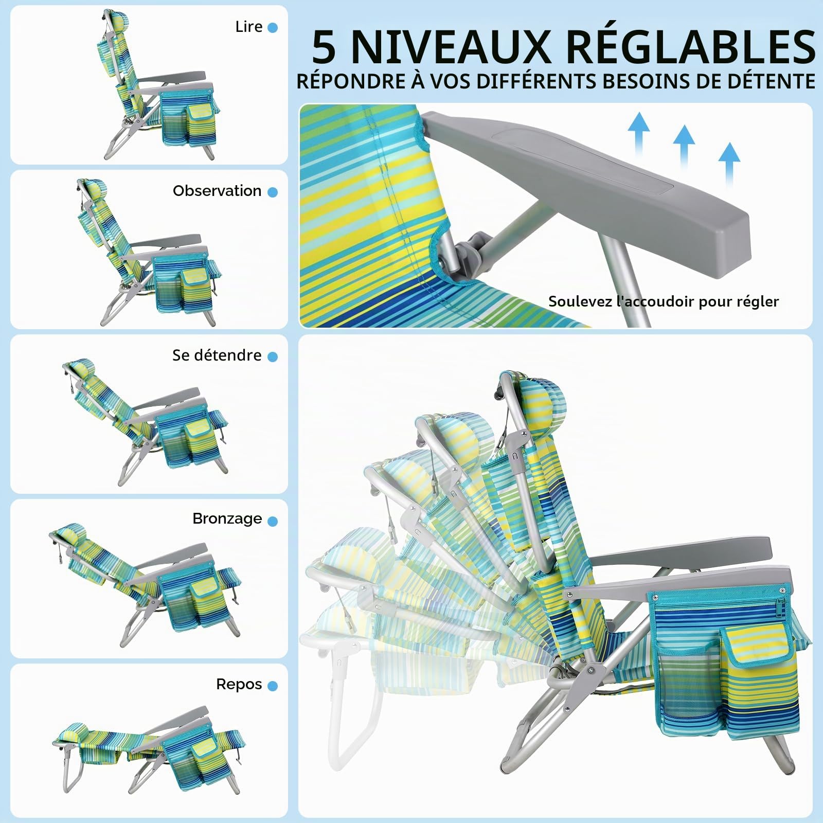 LIFERUN Chaise Pliante de Plage en Alliage d'Aluminium, Légère, Lot de 2, Chaise Pliante Portable comme Un Sac à Dos, Chaise de Camping, Inclinable, Charge Maximale 150 kg, Chaise Pliante d'Extérieur