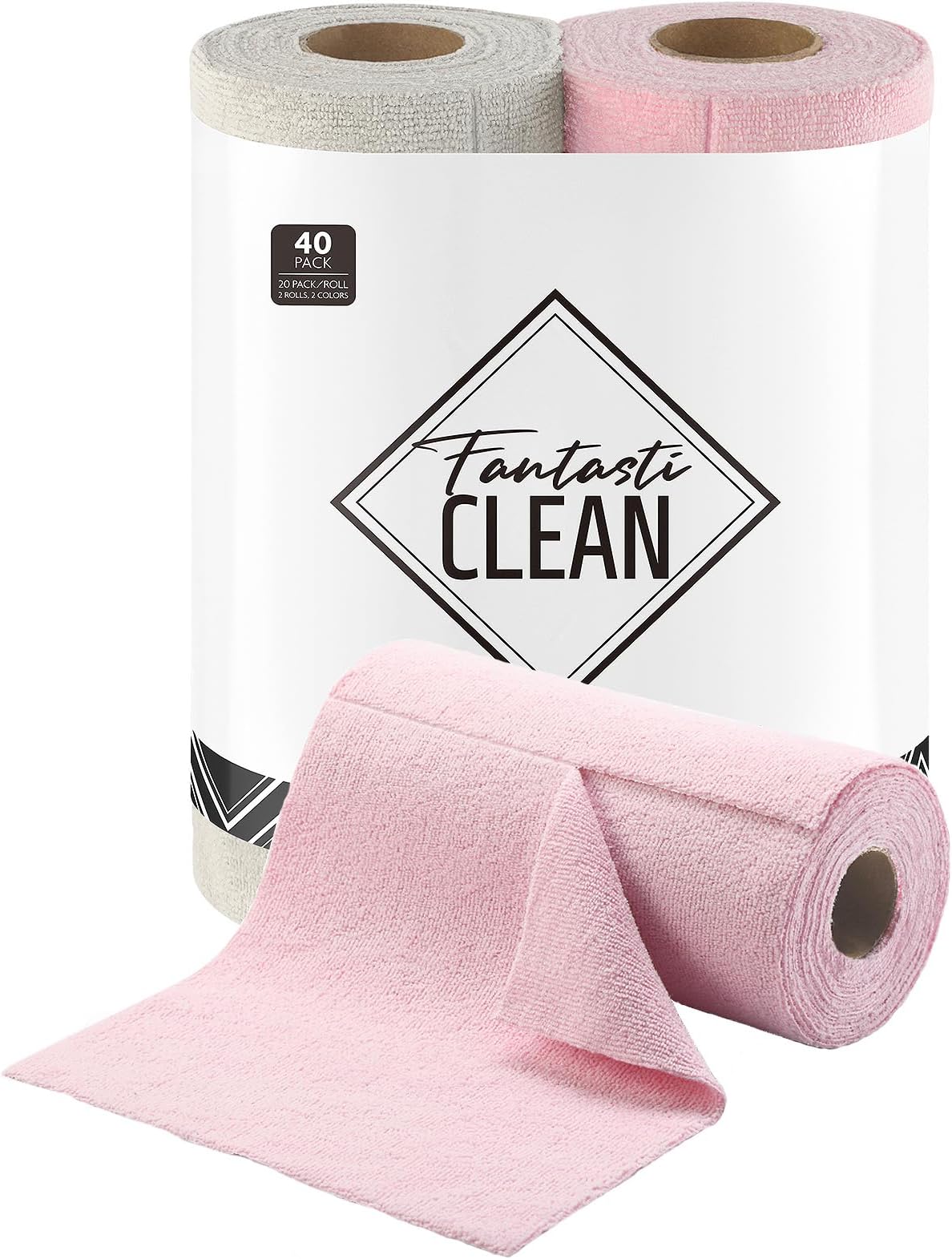 Fantasticlean Kitchen Towels - 40 Sheets - Reusable Washable Dishcloth Rolls, Super Absorbent, Premium Microfiber Cleaning Cloths, 10'' by 10'' (Pink,Grayish)