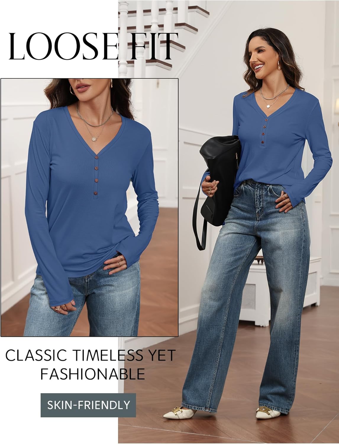 Womens Long Sleeve V Neck T Shirts 2025 Fall Tops Casual Loose Fit Henley Cute Trendy Tee - Image 5