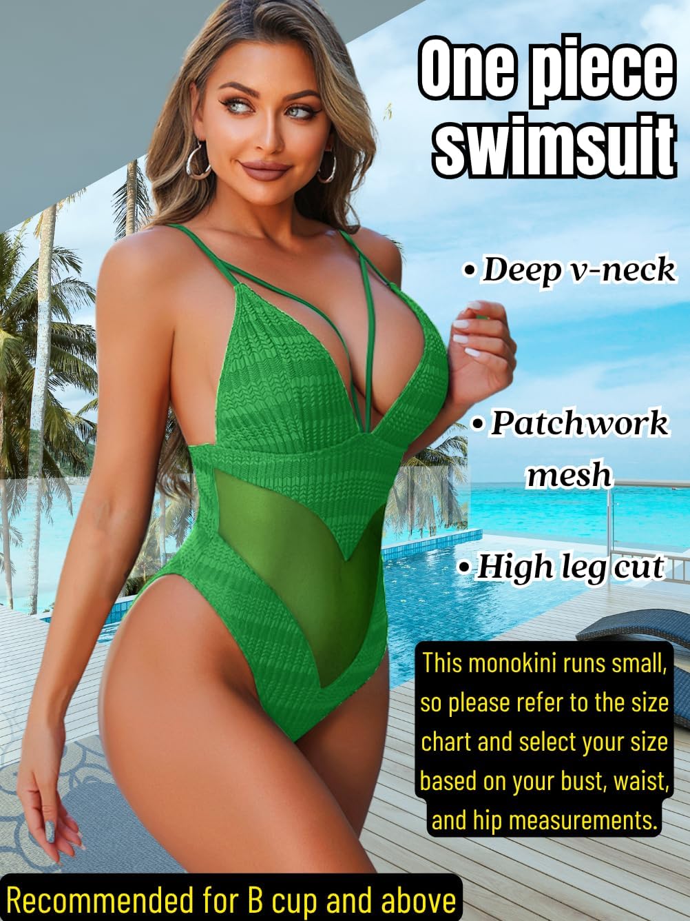 Sexy One Piece Monokini for Women, Cheeky High Leg Deep-V Neck Swimsuits, Strappy Mesh Low-Back Bathing Suit - Image 2