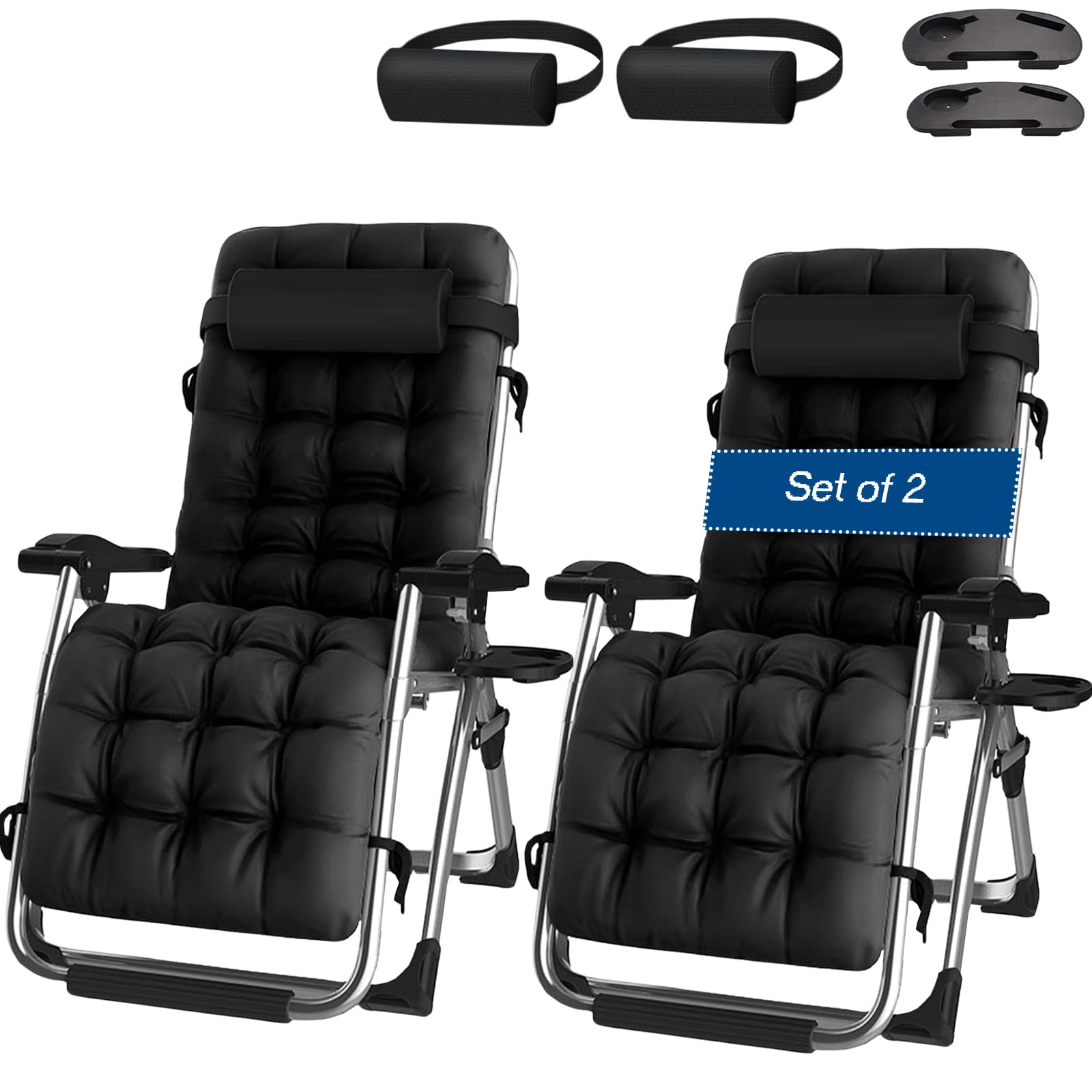 Chaise de jardin pliable lot de 2 avec repose-pieds et coussins noirs confortables