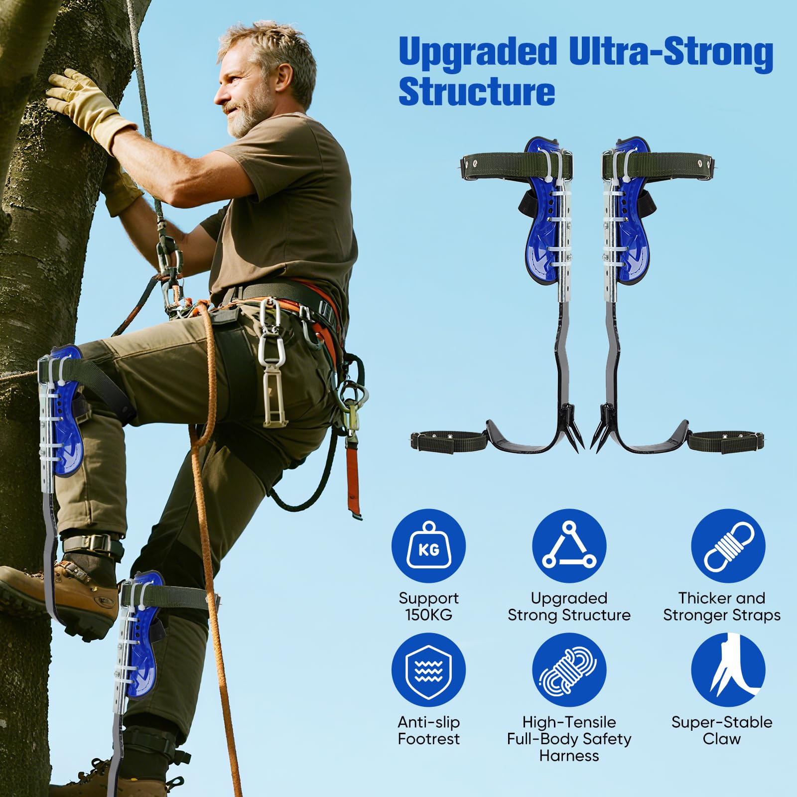 Ensemble professionnel de crampons d'escalade dans les arbres avec harnais de sécurité complet - Équipement d'escalade d'une capacité de 150 kg pour les arboriculteurs et les opérations de sauvetage
