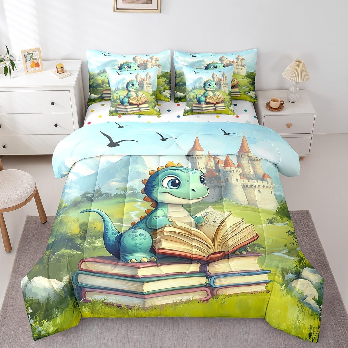Kawaii Dinosaur Comforter Set Full Size,Castle Mountain Scenery Bedding Set for Kids Teens,Cartoon Wild Animal (Comforter+Fitted+Flat Sheet+2 Pillowcases+2 Throw Pillow Covers) 7 Pieces