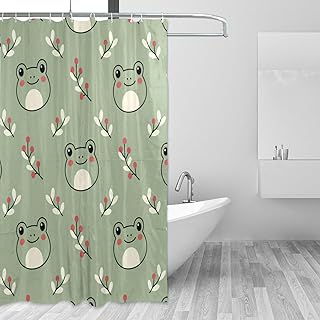 J JOYSAY Frogs Berries Green Print Fabric Shower Curtains with Buttonholes Hooks Water Repellent Washable Cloth Shower Curtain for Hotel Bathroom 72 X 72 Inches