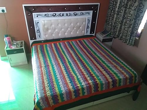 Vista 6 de Rastogi Handicrafts India étnico hecho a mano apliques Jogi trabajo algodón doble cama tamaño Queen multicolor Bedsheet Cover (Multi JAGGING color)