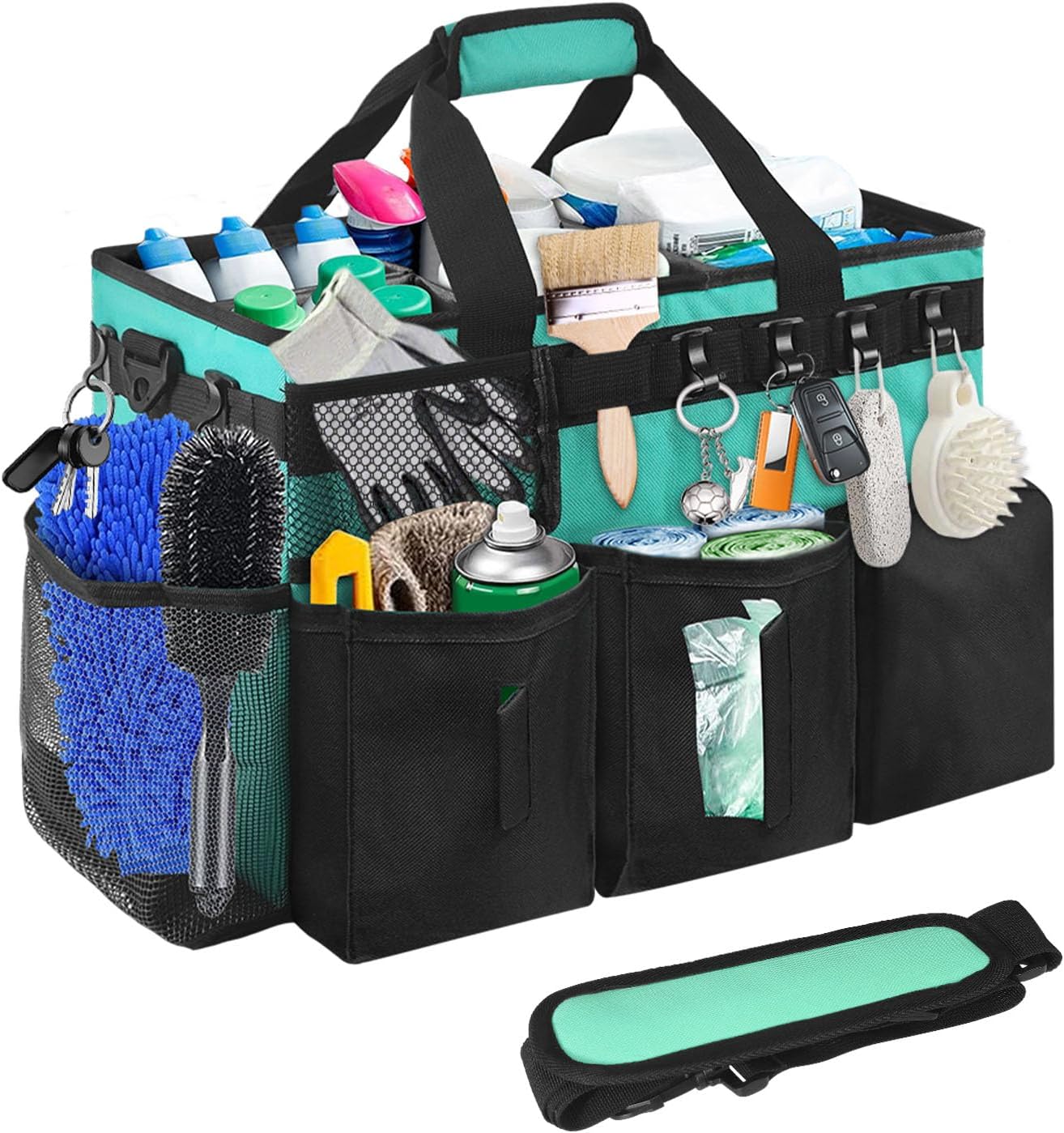 Cleaning Bags for Housekeepers, Large Cleaning Supplies Organizer with Handles & Shoulder Strap, Cleaning Caddy Bag with Foldable Divider for Cleaners, Car Horse Cleaning Bag (Green)