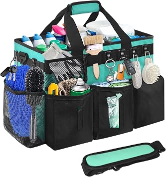 Cleaning Bags for Housekeepers, Large Cleaning Supplies Organizer with Handles & Shoulder Strap, Cleaning Caddy Bag with Foldable Divider for Cleaners, Car Horse Cleaning Bag Green