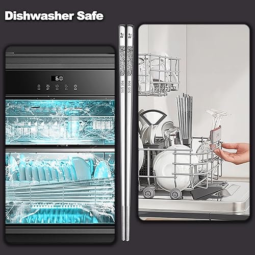 Miniatura 6 de Palillos inoxidables reutilizables, 5 pares de palillos de metal de alta calidad, aptos para lavavajillas, elegantes grabados con láser,