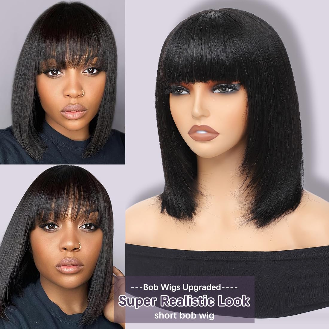 CLIONE 12 Inch Straight Bob Wig with Bangs Human Hair Ready to Go Glueless Wigs 2.5x1 Closure HD Lace Layered Cut Wig Bob Short Wigs with Bangs Minimalism for Women 180% Density - Image 2