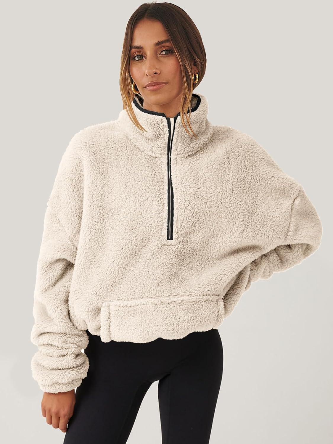 ANRABESS Sweatshirt for Women Zip Up Hoodies Cropped Pullover Fleece Hooded Sherpa Sweaters Tops 2025 Fall Winter Clothes - Image 2