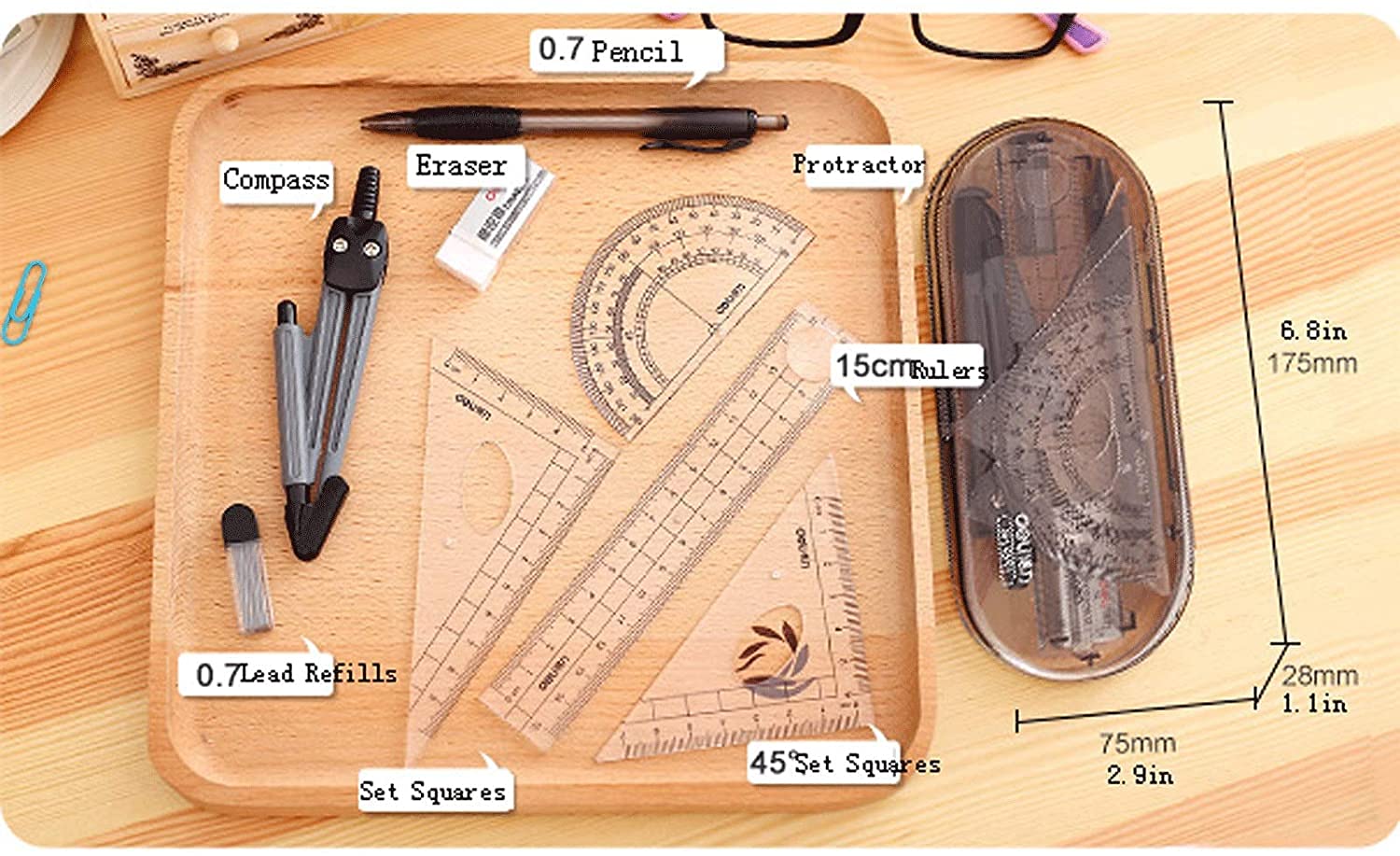AKAZI Zeichenkompass-Set, Test-Geometrie-Set, Zeichen-Briefpapier-Set für Studenten, zum Zeichnen, Schule, Holzbearbeitung, 8-teiliges Set, Mathe-Kompass