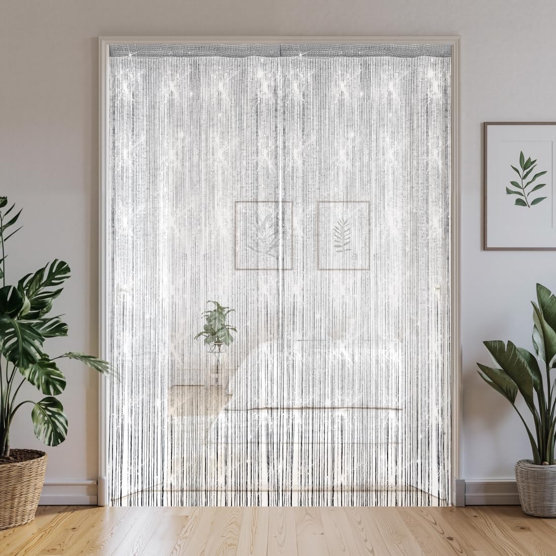 4 Stück Fadenvorhang Türvorhang, 100 x 200cm Glitzer Vorhang, Fliegenvorhang Balkontür, Fadengardine Fadenvorhang, Dekorativer Perlenvorhang für Hochzeit, Party Dekoration (Silbergrau)