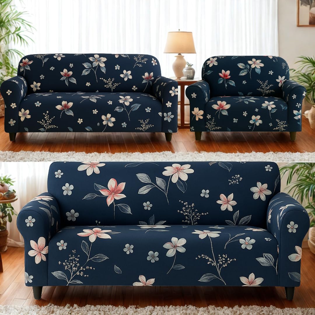Homerz Premium 6 (3+2+1) Seater Universal Elastic fit Sofa Cover Fully Covered, Non-Slip Sticky Elastic Stretchable Sofa Set Slipcover Protector (Blue Floral, 6 (3+2+1) Seater)