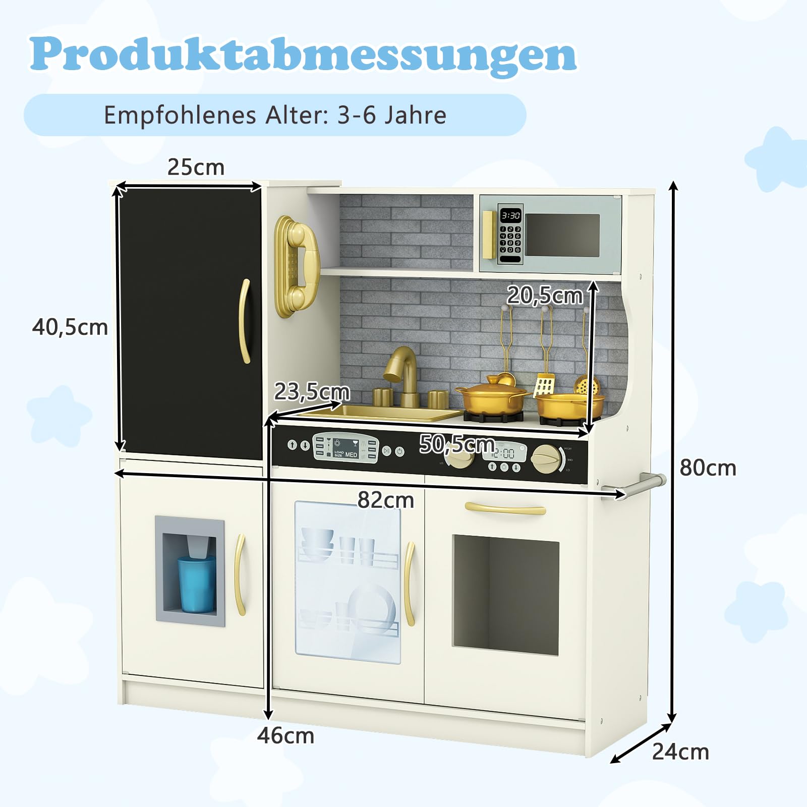 GOPLUS Kuchnia dziecięca z drewna, kuchnia dla dzieci z kuchenką mikrofalową, piekarnikiem, zbiornikiem na wodę, tablicą do pisania kredą i maszyną do lodów, stabilna kuchnia do zabawy z akcesoriami