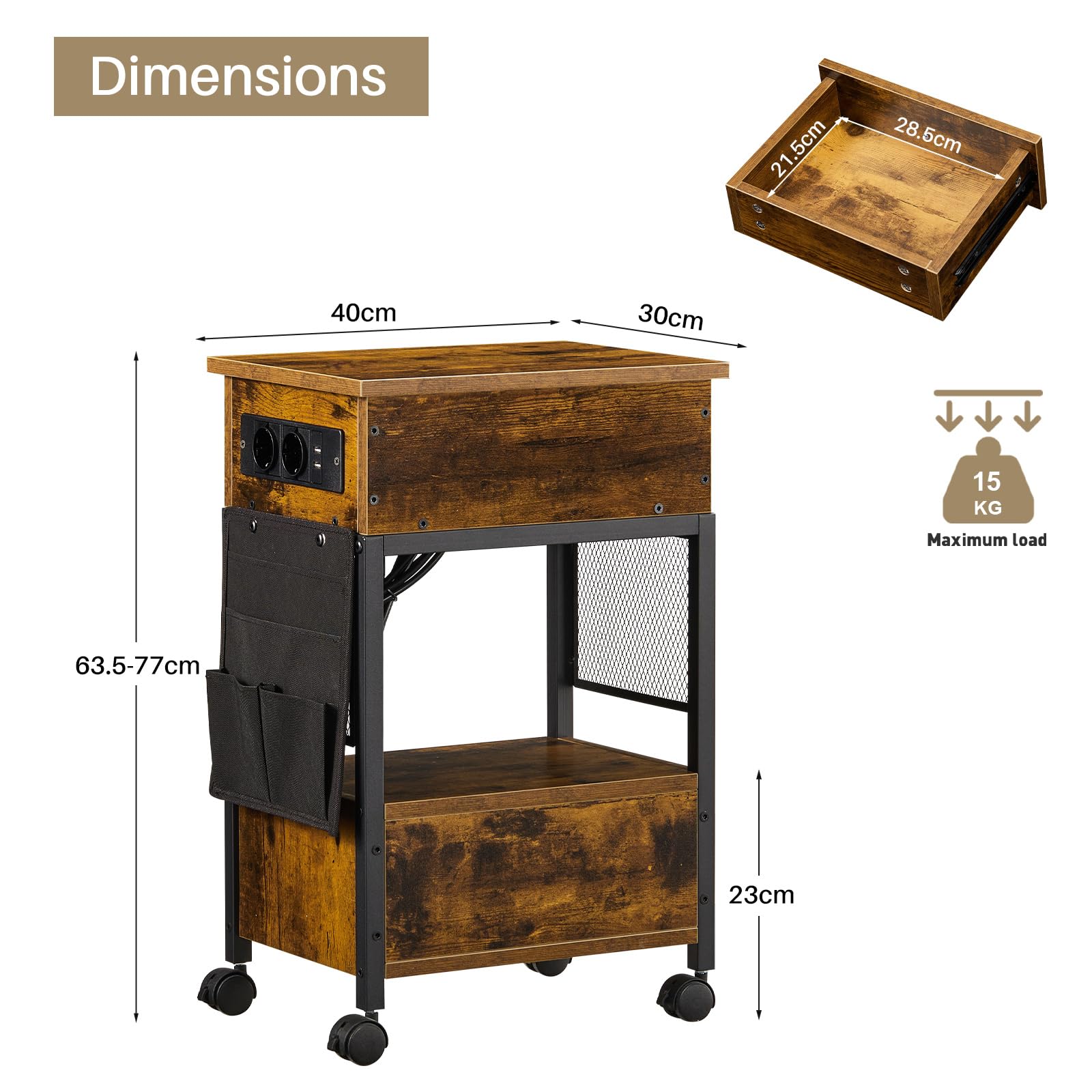 CLIPOP Nachttisch höhenverstellbar, mit Ladestation 2 USB + 2 AC 40*30*63cm