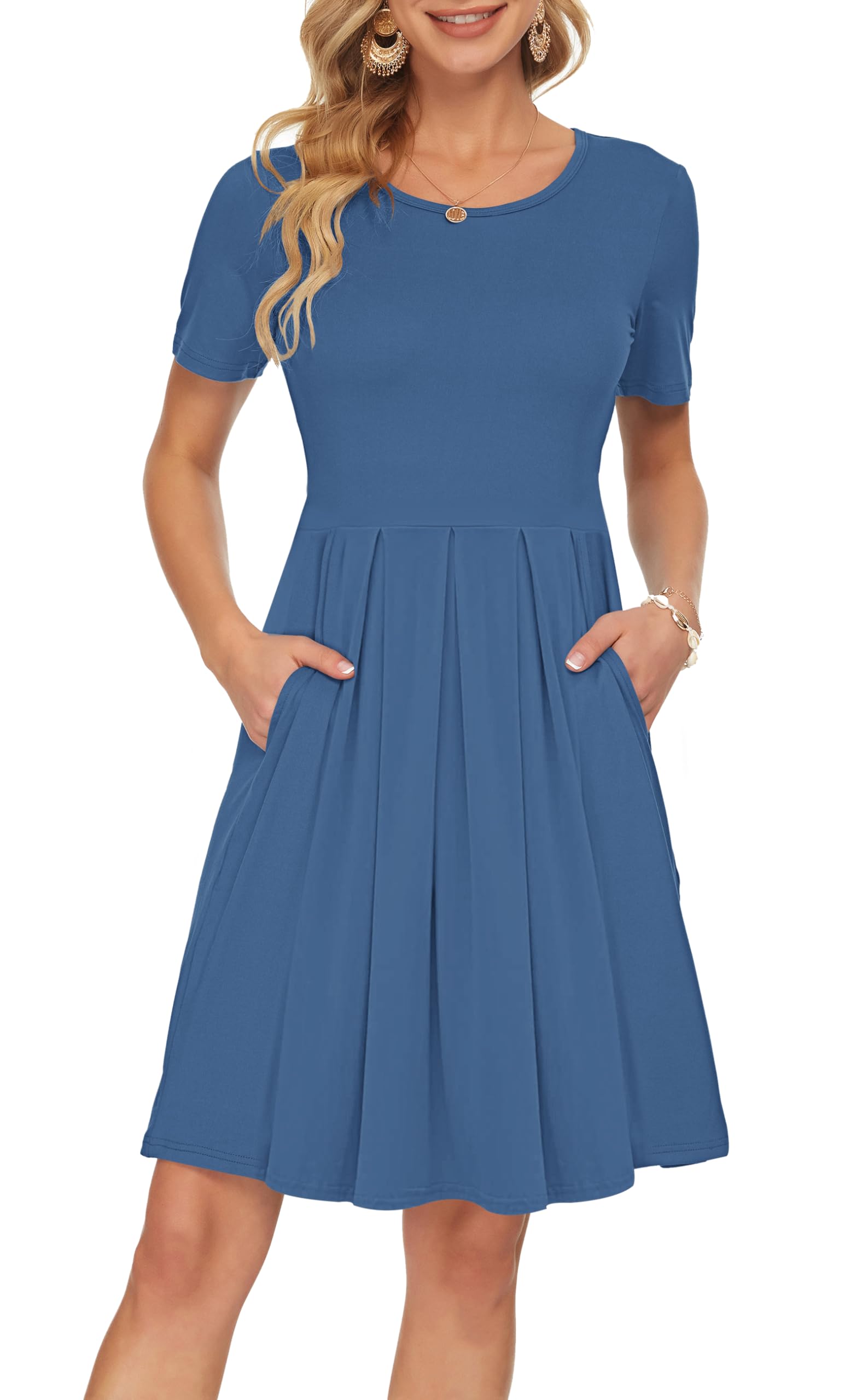 AUSELILY Women's Short Sleeve Pleated Loose Swing Casual Dress with Pockets Knee Length Beja Blue XL