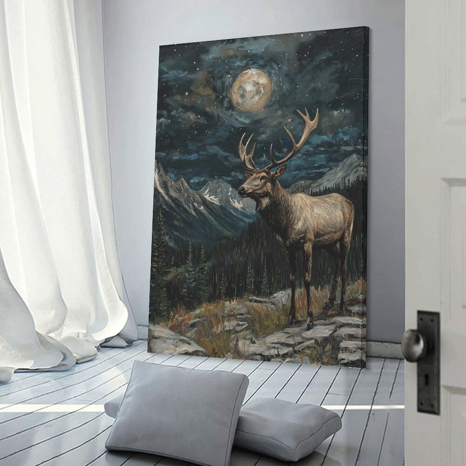 Junmoney Frame-Style Canvas Wall Picture Elk Under Moonlight, 12X18inch(30X45cm), For Bedroom, Lounge Or Dressing Area, Stylish Decor For A Restful Room Update