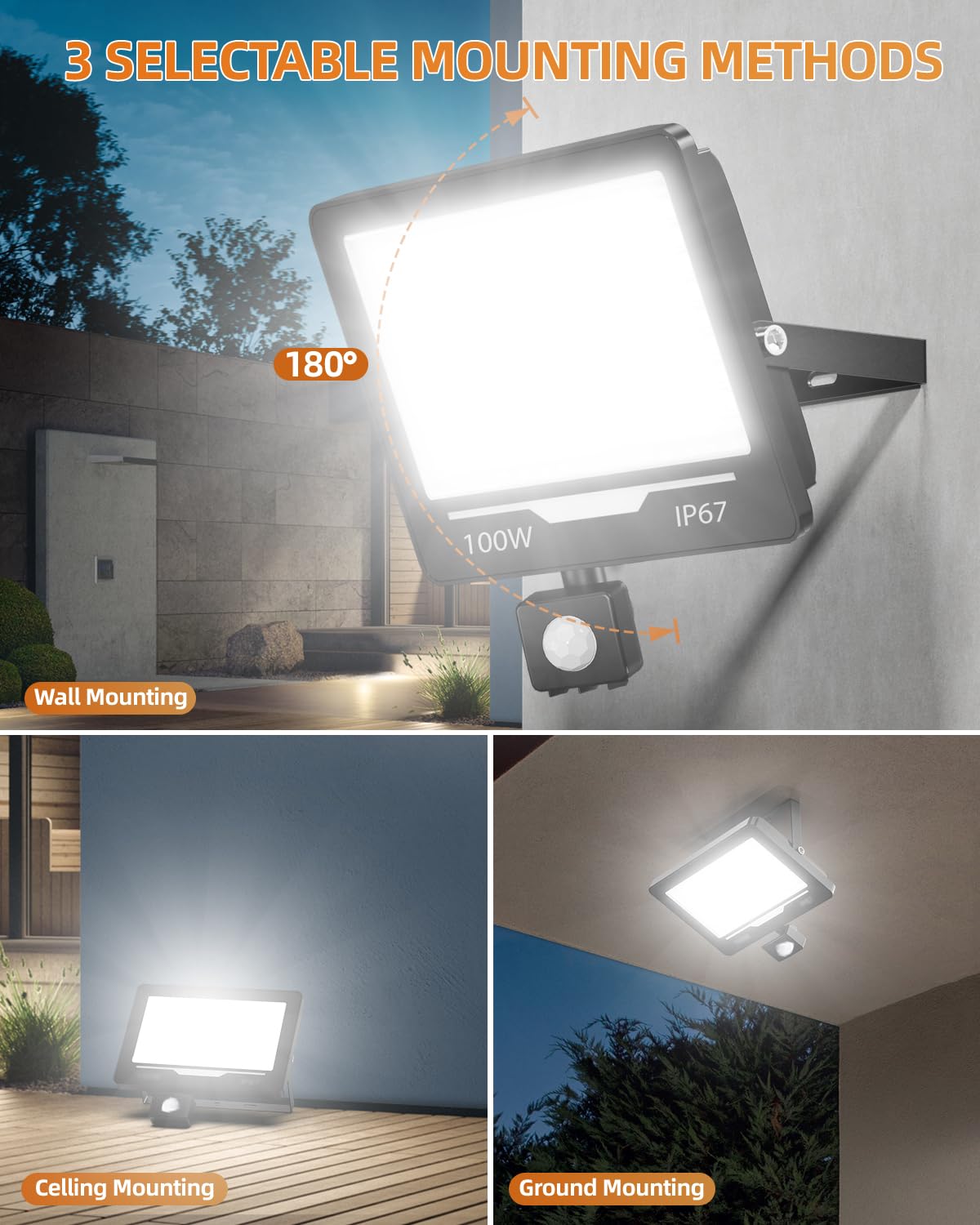 100W 10000LM Foco LED Exterior con Sensor Movimiento 2 Piezas, 6500K Blanco Frío Impermeable IP67 Foco Exterior con Sensor de Movimiento para Patio, Jardín
