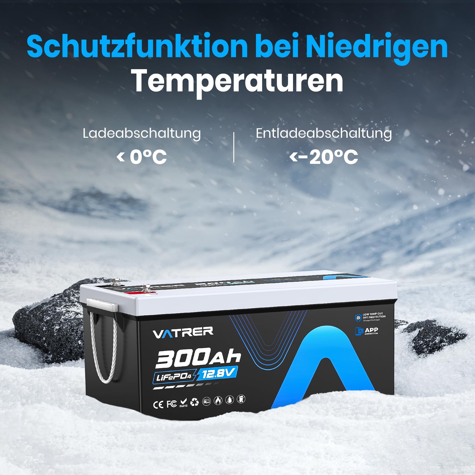 VATRER POWER LiFePO4 12V 300AH Bluetooth Lithium Batterie mit 200A BMS 5000 Zyklen Lithium Akku 3840W Abschaltschutz bei Niedriger Temperatur Perfekter für Wohnmobil, Solar & Off-Grid-Anwendungen