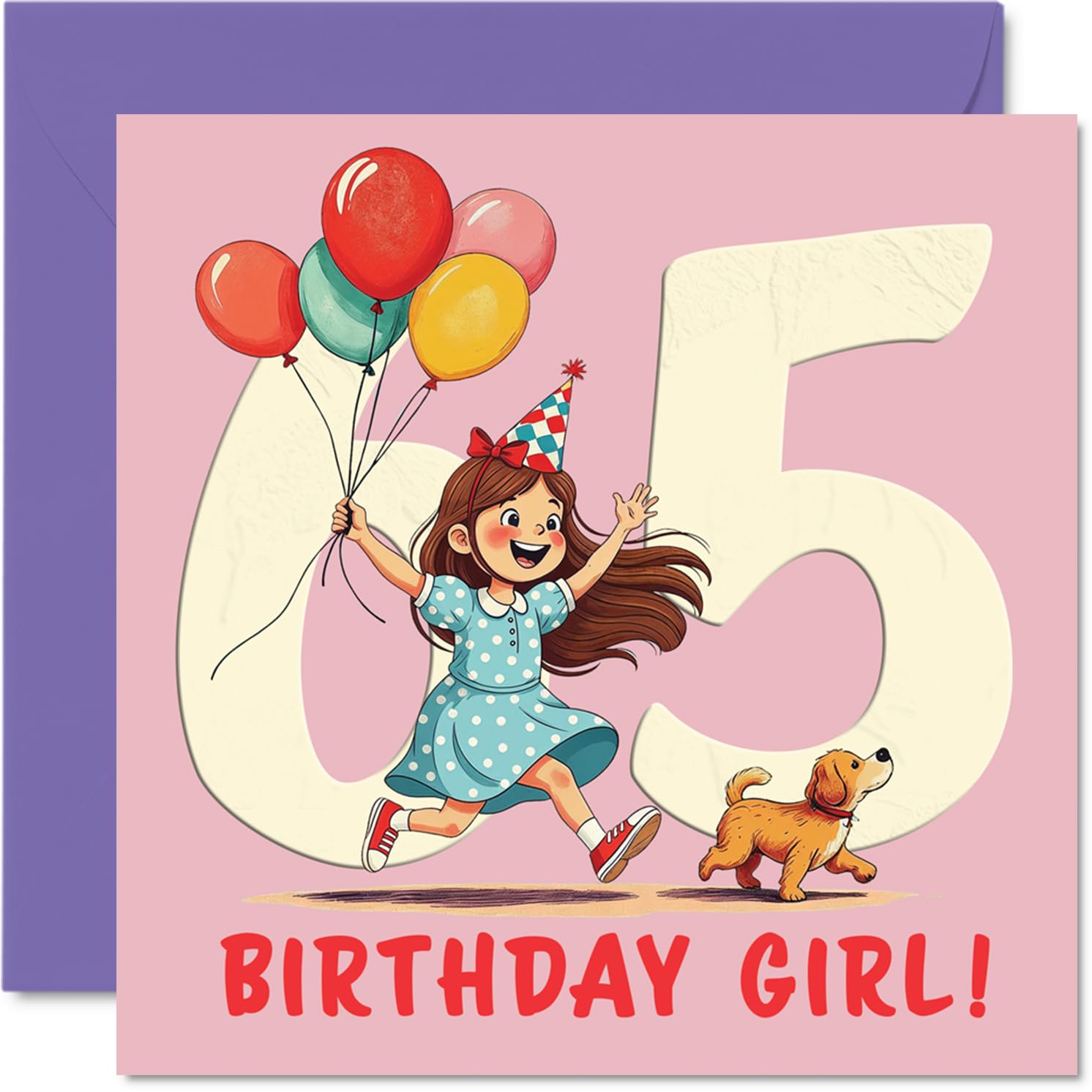 65th Birthday Cards for Women - Balloon Girl - Happy Birthday Card for 65 Year Old Woman Friend Nanny Wife Cousin, 145mm Bday Greeting Cards