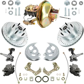 Complete Disc Brake Conversion Kit with Calipers, Pads, 11" Brake Booster, Drilled/Slotted Rotors, Brackets & Backing Plates Fits Chevy Camaro, Nova, Chevelle, Oldsmobile Vista