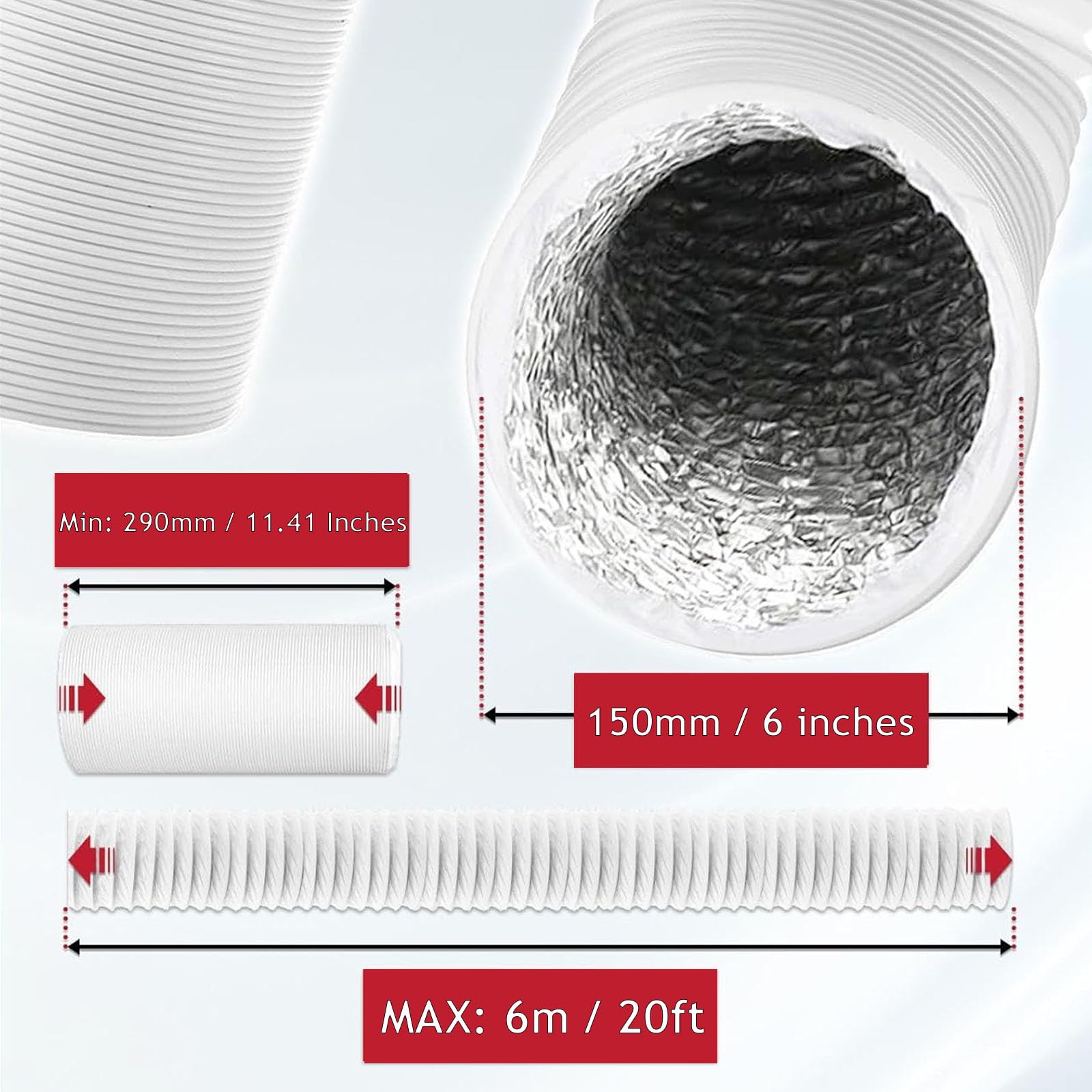SPARES2GO Manguera de ventilación flexible de PVC para aire acondicionado, universal (6" x 6 metros, blanco)