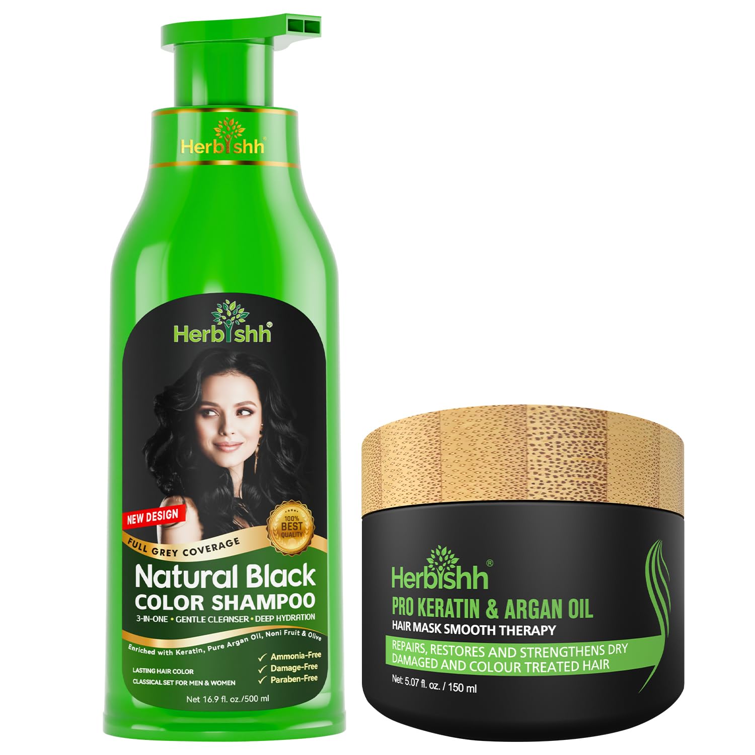Herbishh Black Hair Color Shampoo (500ml) + Argan Hair Mask (150gm), Shampoo Dye for Gray Coverage & Deep Conditioning Care for Women & Men