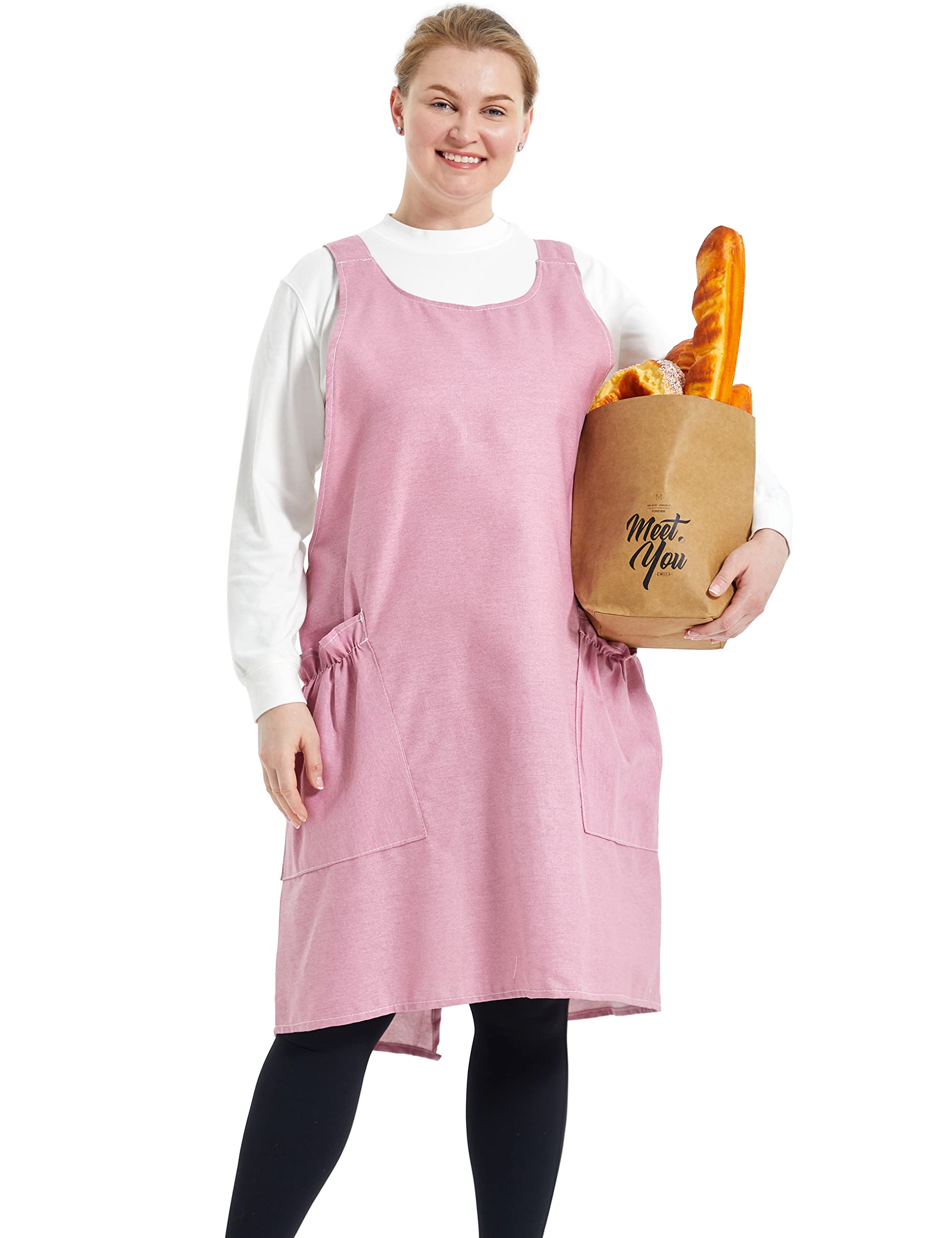 Big Plus Size Aprons for Women with Pockets Cotton Linen Baking Kitchen Cooking, Pure Pink, Large