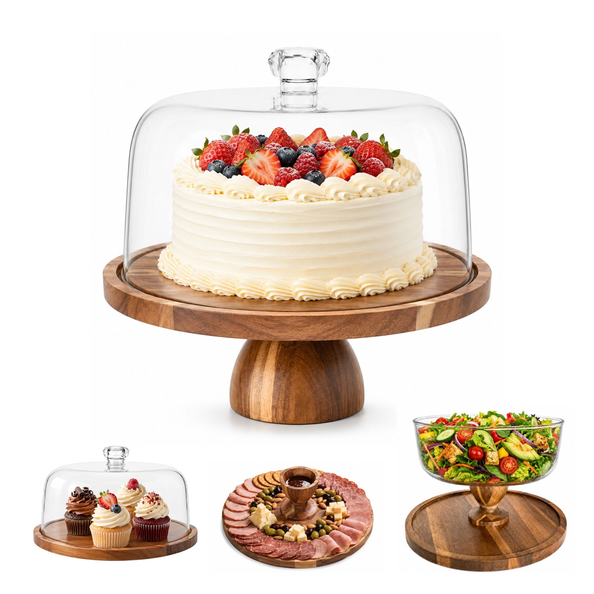 Photo 1 of ** DAMAGE MINOR** Acacia Wood Cake Stand with Lid , Cake Stand with Dome, 10inch Multifunctional Dessert Table Display Set with Removable Base, Suitable for Cake/Cheese/Chips & Dips/Fruit Platter/Charcuterie Board/Baking Gifts/Wedding registry items