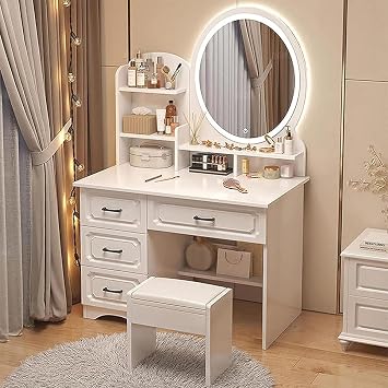 Makeup Vanity Desk with LED Lights Mirror, 3 Lighting Colors White Vanity Dressing Table, Modern Makeup Vanity Set for Bedroom Color Round Mirror, Size with Stool