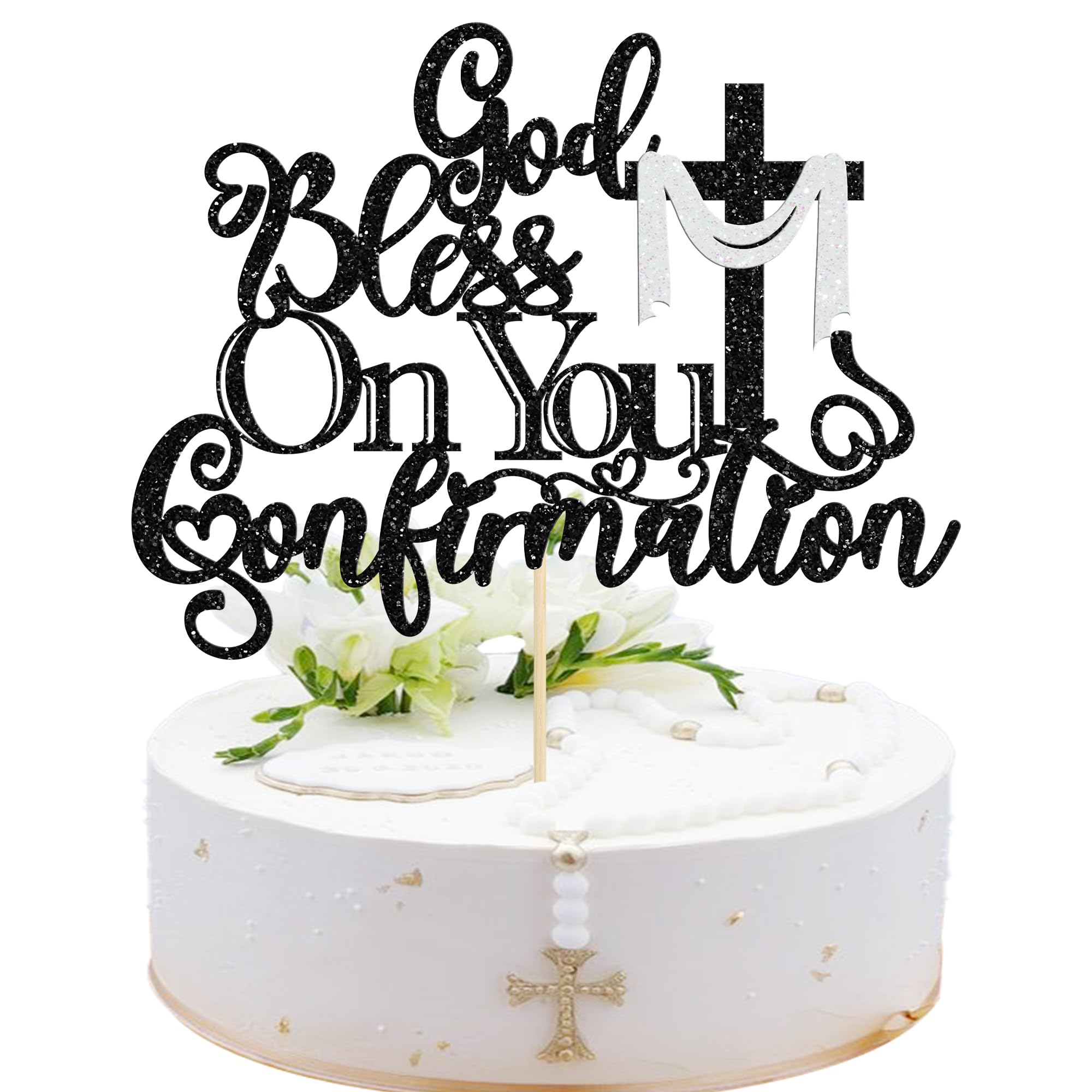 Ephlyn 1Pcs God Bless On You Confirmation Cake Topper with Cross Glitter First Communion Cake Pick for for Christening Baptism Baby Shower Birthday Party Cake Decorations Supplies Black