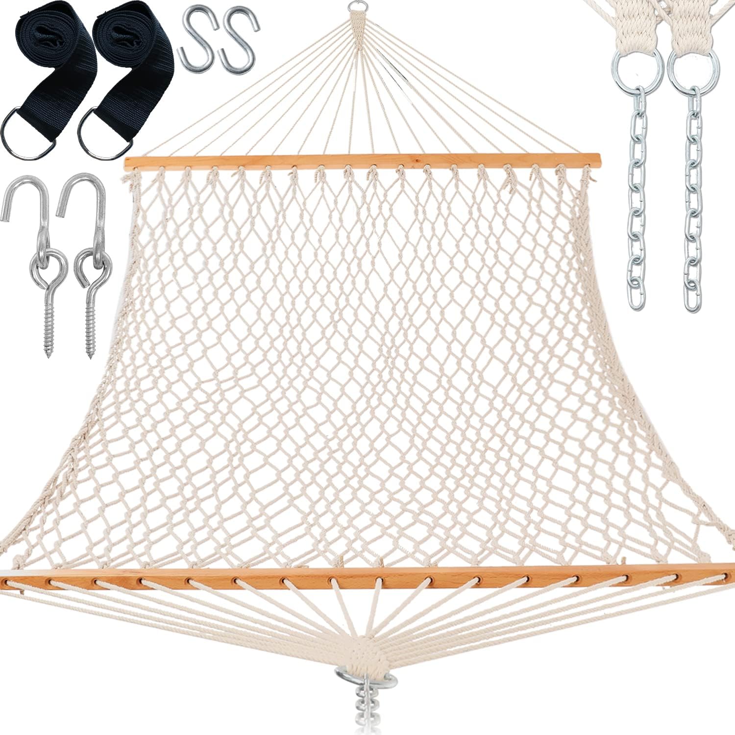 Gafete Rope Hammocks Swing with 5ft Tree Straps, Traditional Hand Woven Cotton 52" Double Hammock with Free Chains & Straps & Hooks & Hardwood Spreader Bar for Outside Outdoor, Max 450Lbs (Natural)