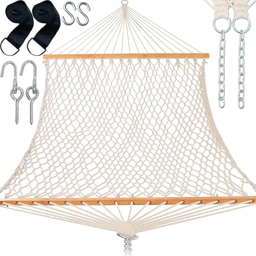 Gafete Hamacas de cuerda con correas de árbol de 5 pies, hamaca doble tradicional de algodón tejido a mano de 52 pulgadas con cadenas y correas y