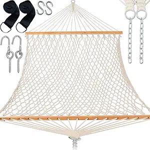 Gafete 13FT Hammocks 59" Width with Tree Straps, Traditional Hand-Woven Double Rope Hammock with Free Chains and Hooks, Hardwood Spreader Bar for 2 Person, Outdoor, Patio, Indoor, Max 450Lbs (Natural)