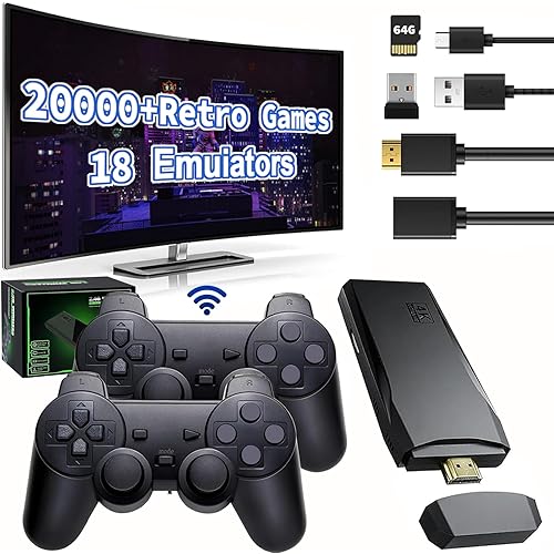 GamingBoy Wireless Retro Game Console Stick Built-in 18 Emulators and 20000+ Retro Games, 2026 Upgrade 4K HDMI Output Video Retro Gaming Console with 2 Pack 2.4G Wireless Controllers (64GB)