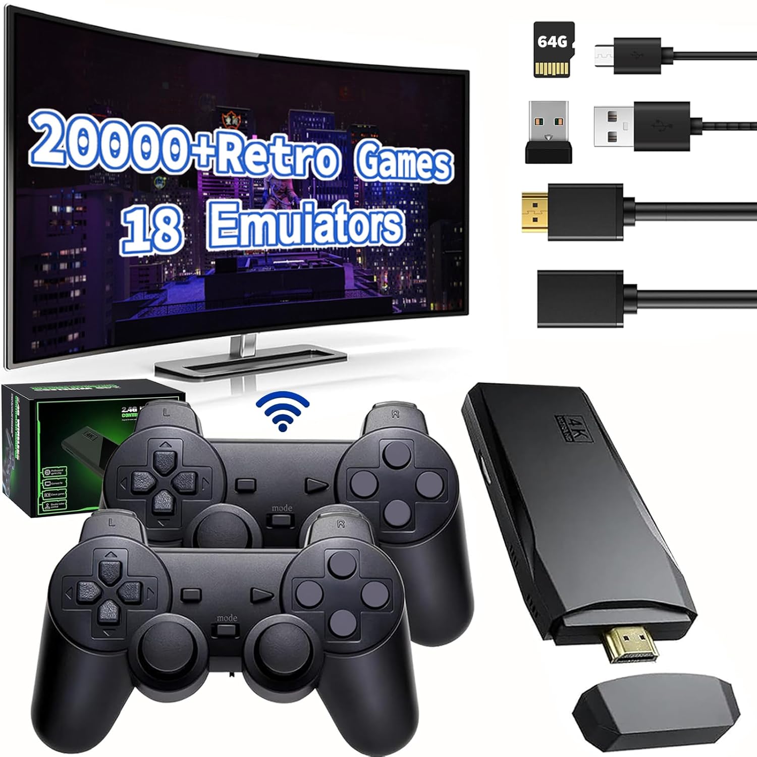 GamingBoy Wireless Retro Game Console Stick Built-in 18 Emulators and 20000+ Retro Games, 2026 Upgrade 4K HDMI Output Video Retro Gaming Console with 2 Pack 2.4G Wireless Controllers (64GB)