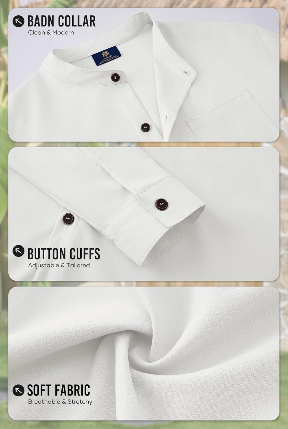 Mens Band Collar Shirts Vacation Casual Long Sleeve Button Down Tops with Pocket (S-2XL) - Image 6