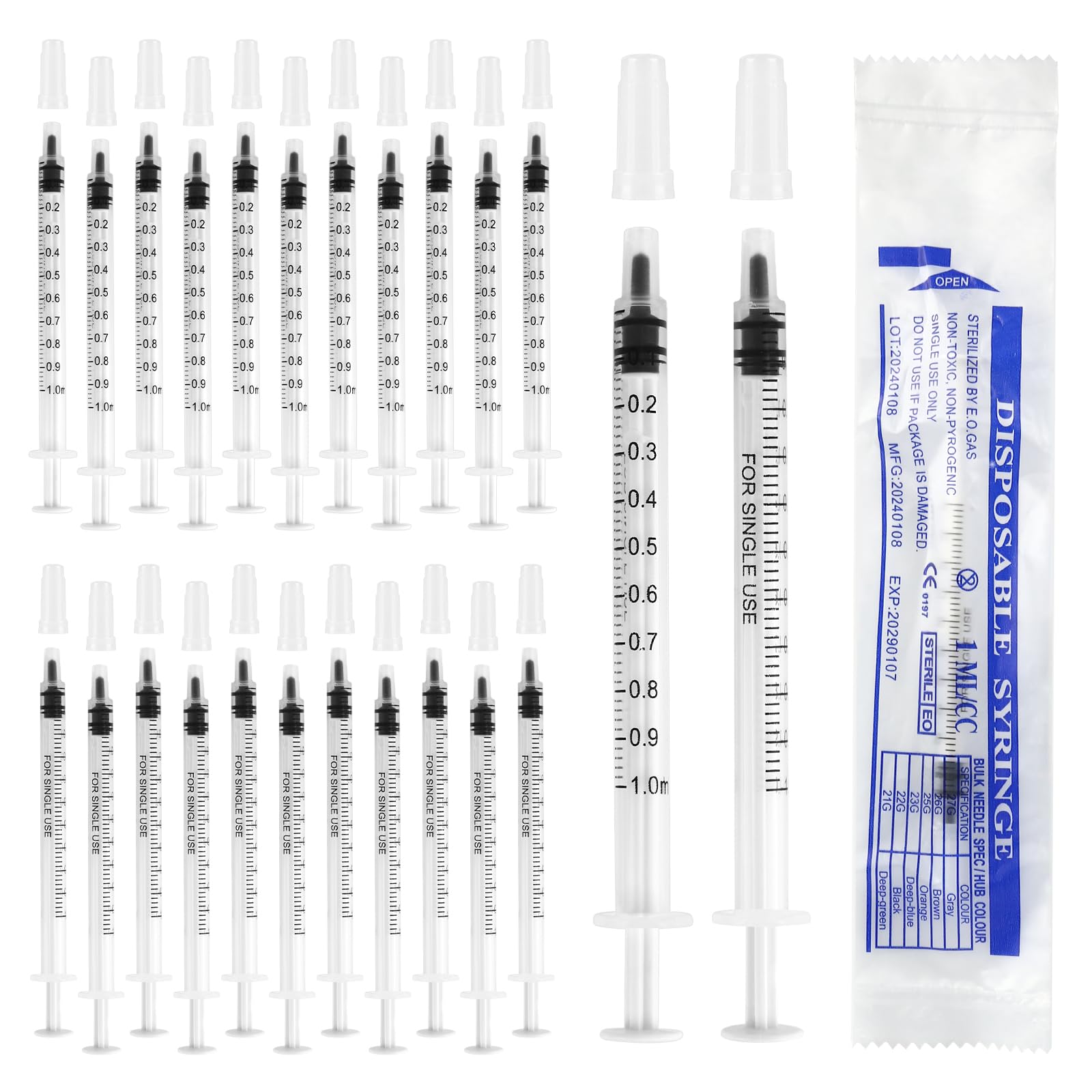 100 sztuk strzykawek 1 ml, strzykawki z siarą bez igły, jednorazowe strzykawki z nasadką, pojedynczo zapakowane strzykawki 1 ml, sterylne do laboratoriów naukowych, karmienia zwierząt
