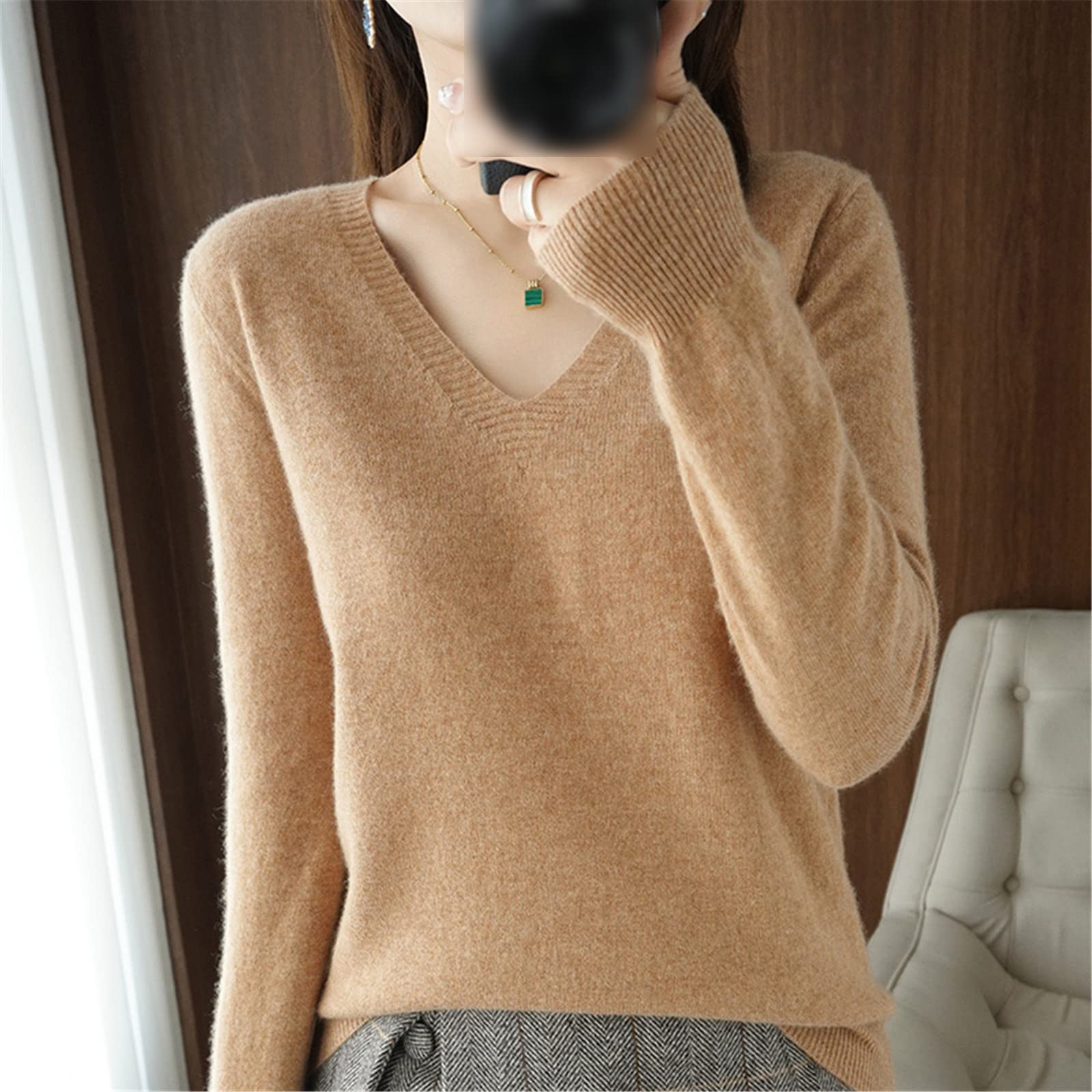 Suéter de mujer para otoño e invierno, de cachemira, cuello en V, casual, suave, delgado, básico, suéter