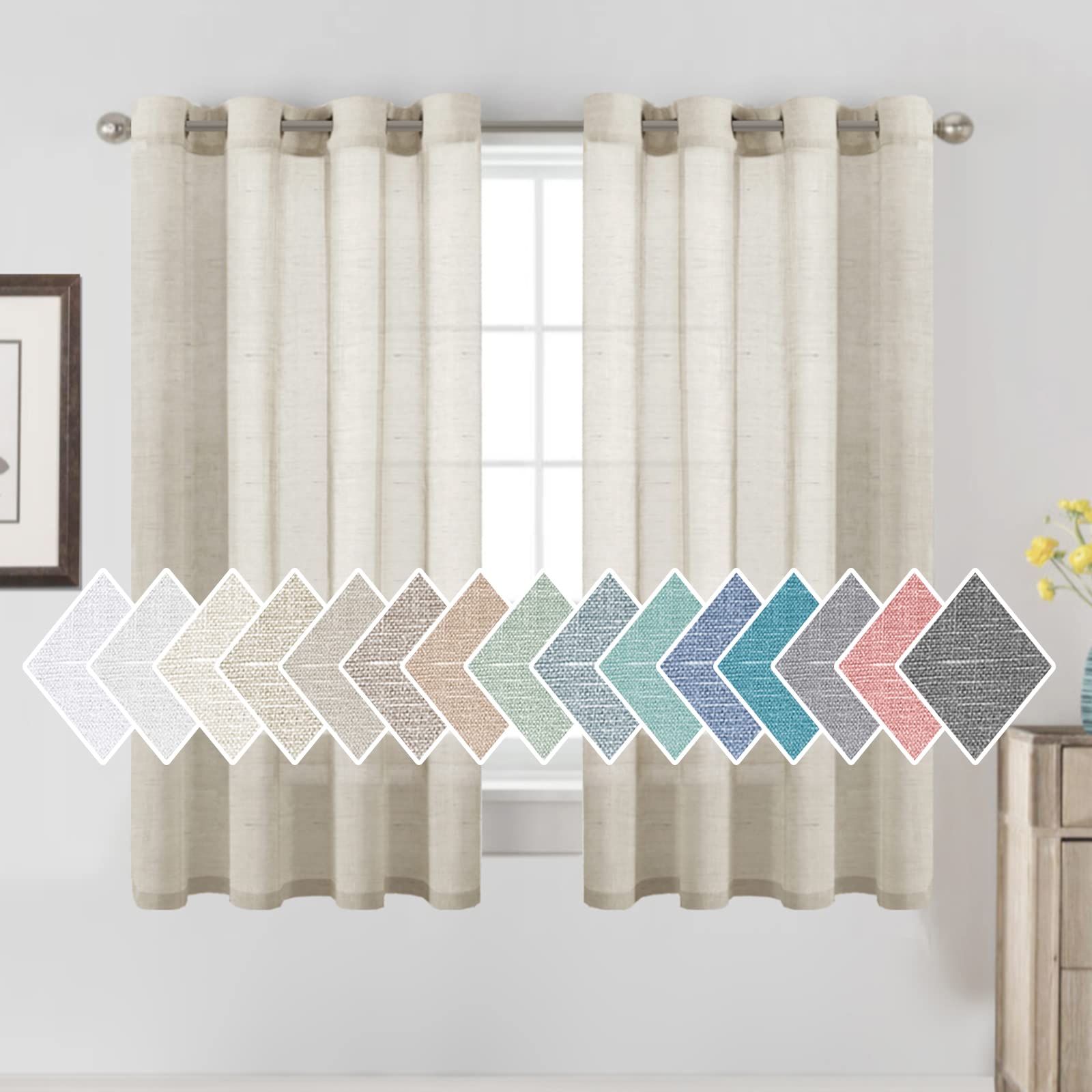 H.VERSAILTEX Linen Curtains Flax Linen Blended Curtain Panels for Living Room/Bedroom Semi Sheer Privacy Curtains 63 inch Length 2 Panels Set Nickel Grommet Window Drapes, Natural