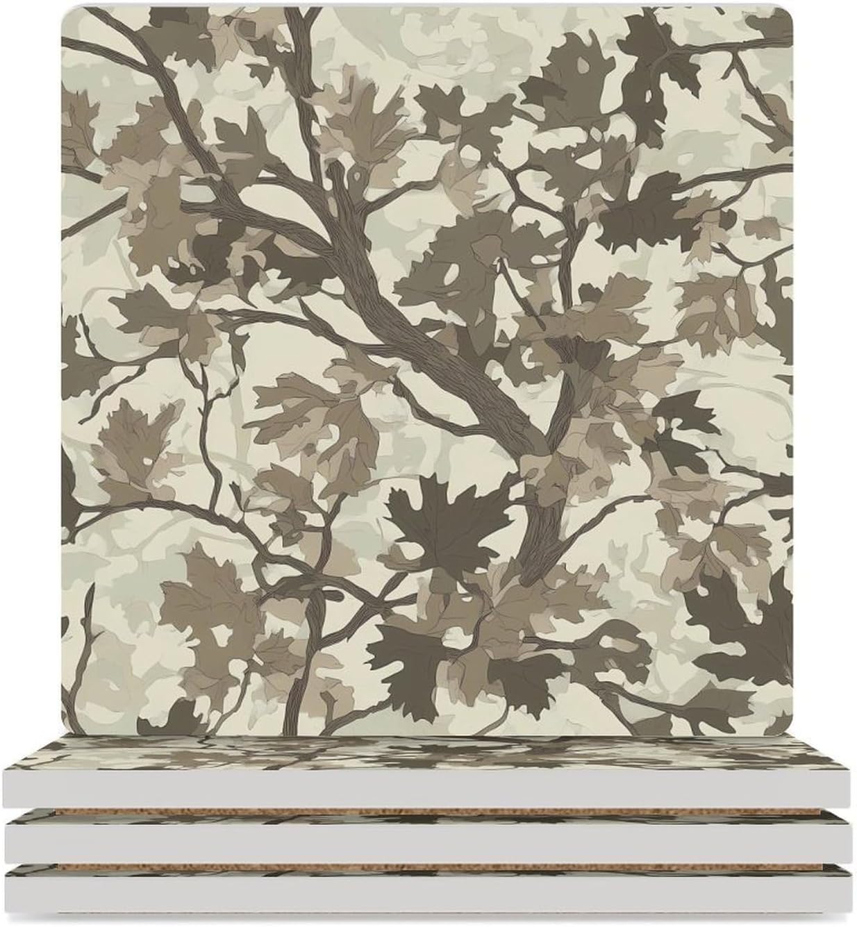 Camouflage Hunting Tree Funny Ceramic Coasters for Drinks Absorbent Cup Holder Tabletop Protector with Cork Base