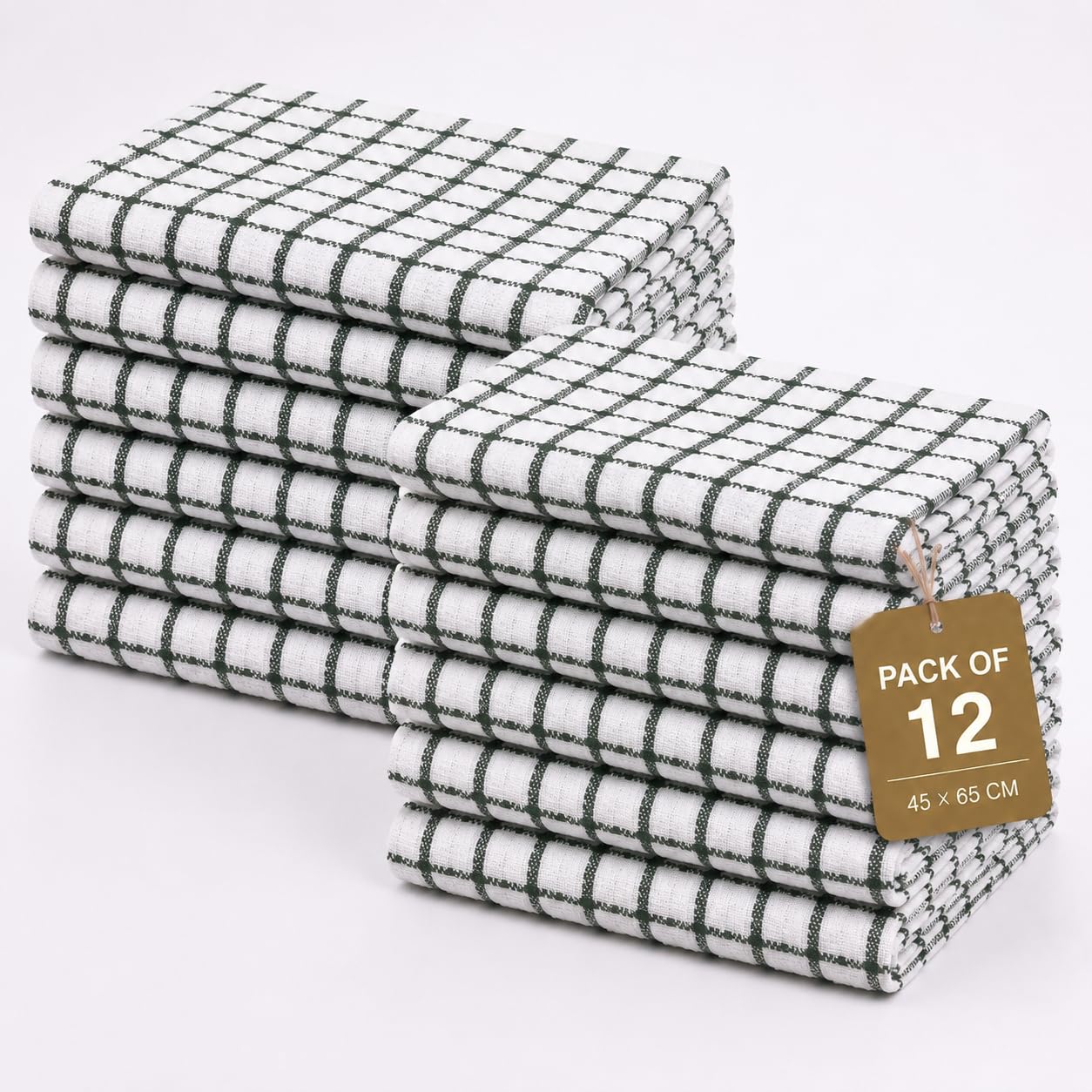 Gift Hub Kitchen Tea Towels Set, 100% Cotton Terry Cleaning Cloths | Highly Absorbent Small Check Towels for Drying Dishes & Glassware, Home Essentials | 45 x 65 cm, Green - Pack of 12