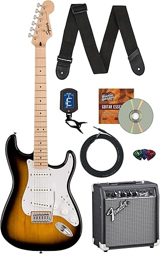 Fender Squier Sonic Stratocaster - Paquete de guitarra eléctrica con ráfaga de 2 colores que incluye amplificador, cable, afinador, correa, púas y