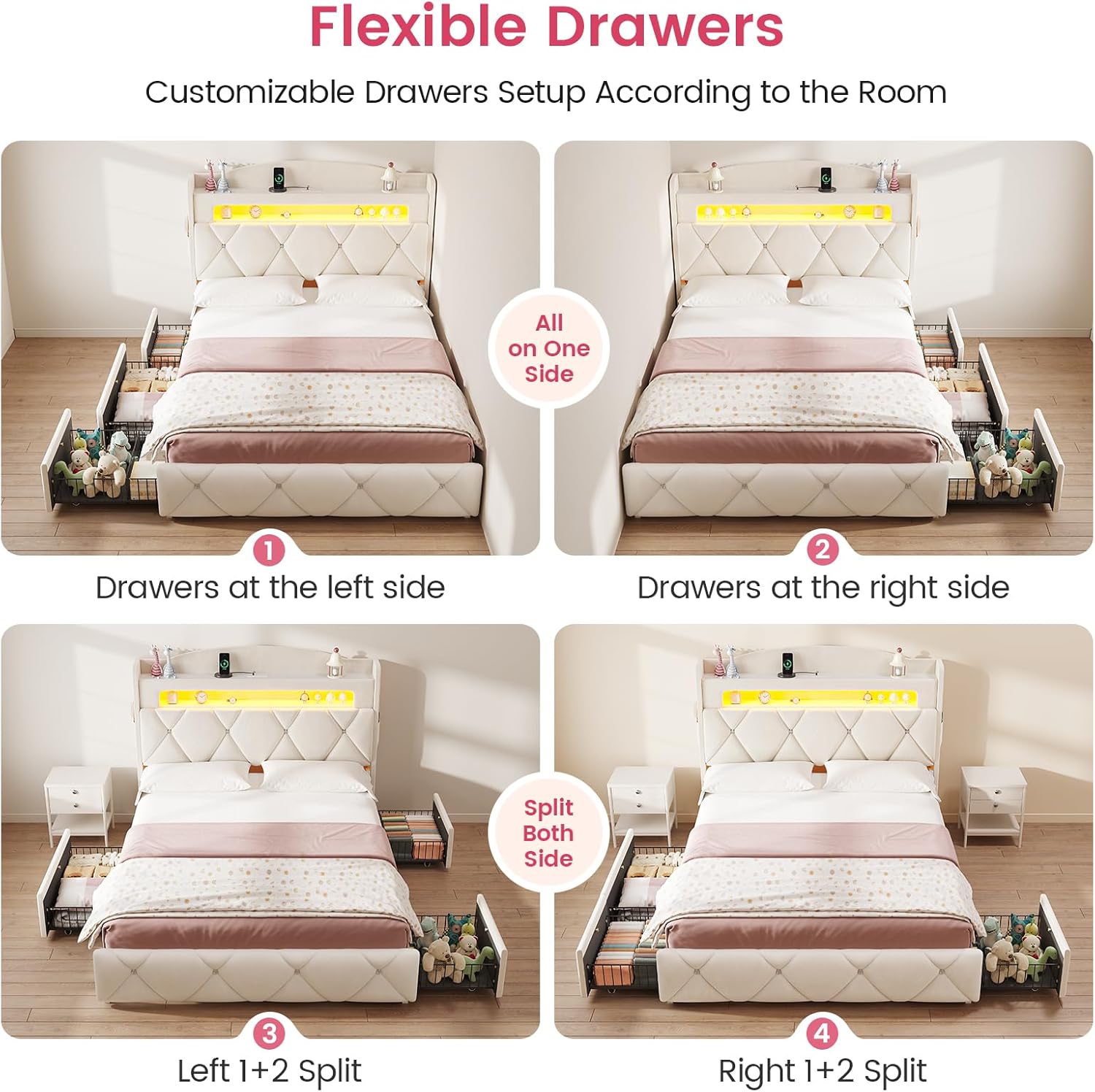 DICTAC Full Size Bed Frame with 3 Large Storage Drawers, Storage Headboard with LED Lights & Power Outlets, Tufted Velvet Upholstered Princess Platform Bed for Kids, Heavy-Duty Metal Support, Beige