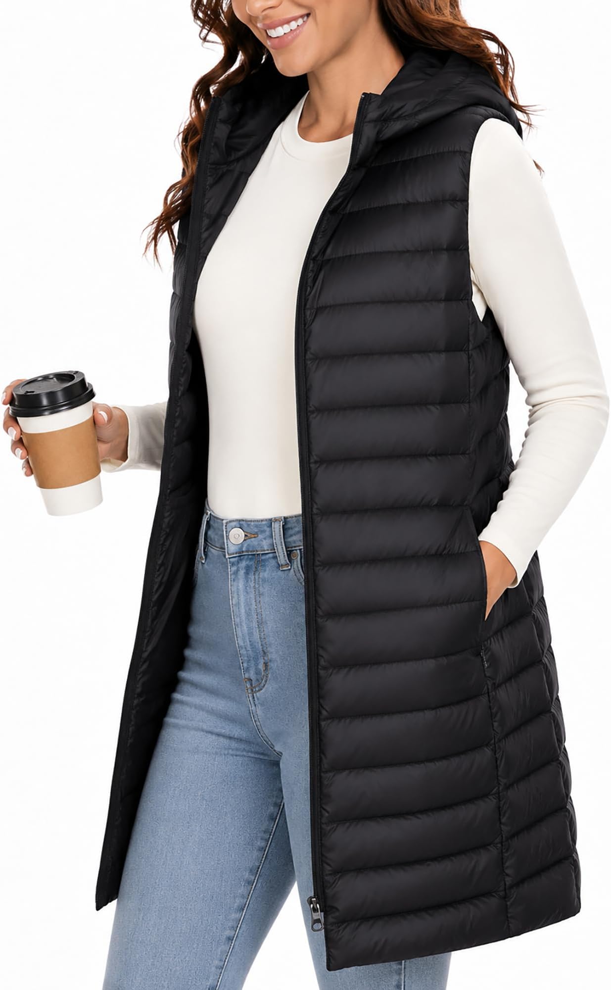 Long Puffer Vest Women Sleeveless Down Vest with Hood
